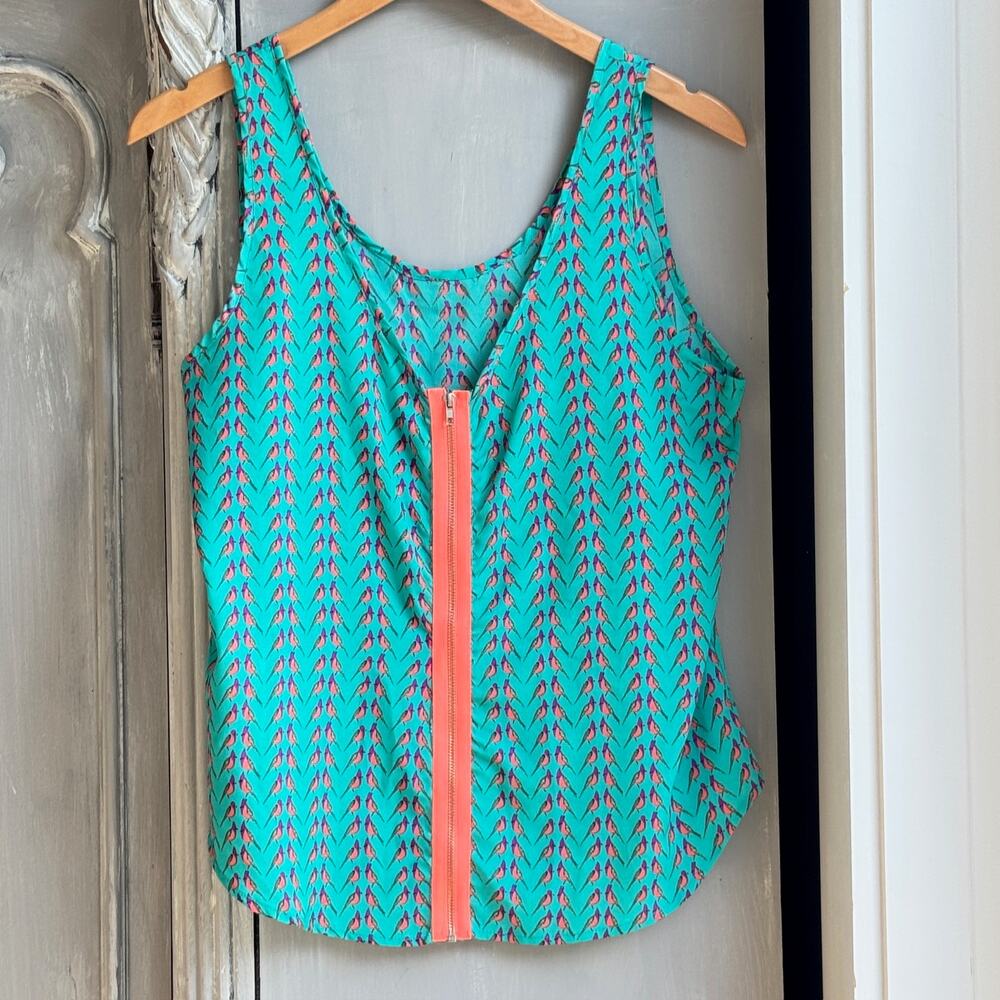 B Jewel Turquoise Scoop Neck Bird Print Tank Top Orange Trim Zipper Back Large - Picture 2 of 12